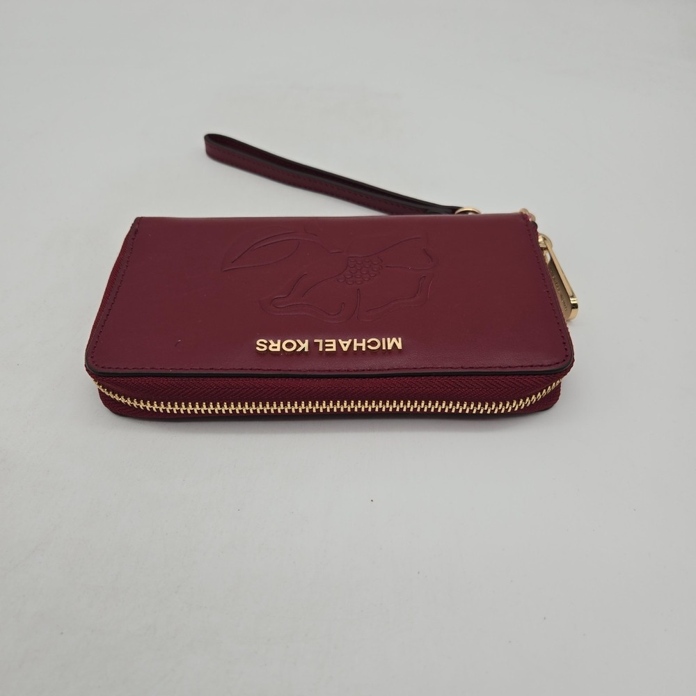 Michael Kors Wallet Card Holder Red Leather Embossed Flower Gold Hardware - Picture 5 of 12